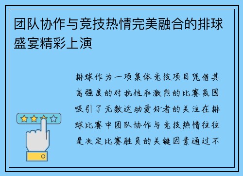 团队协作与竞技热情完美融合的排球盛宴精彩上演